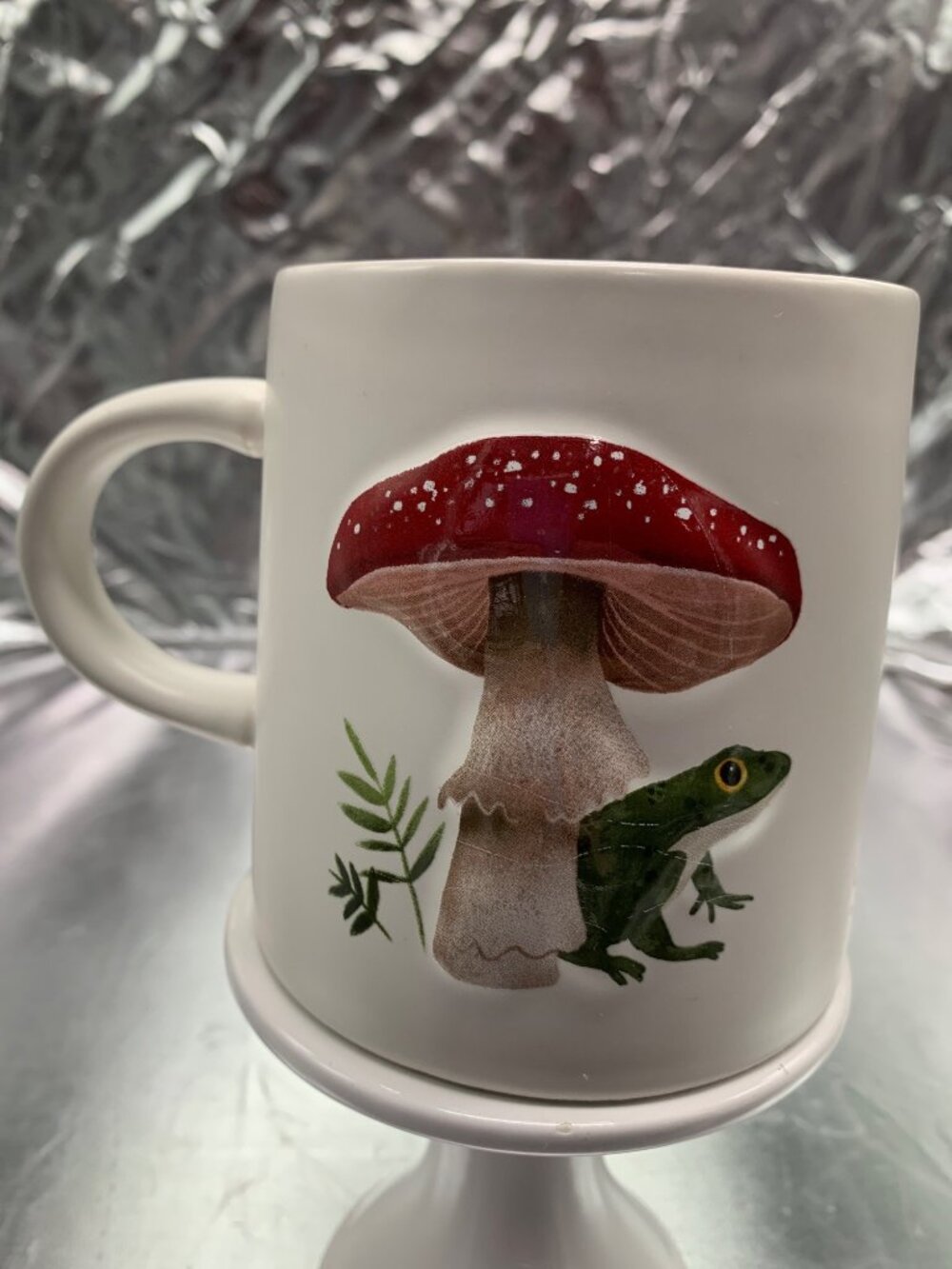 Mushroom & Frog Ceramic Mug With Green Plaid Interior Nature-Inspired Design
